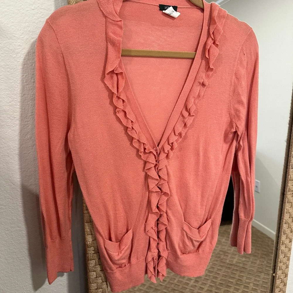 J. Crew Coral Ruffle V-Neck Cardigan